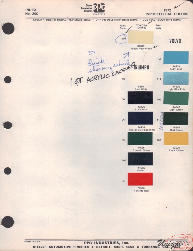 1972 Volvo Paint Charts PPG 1